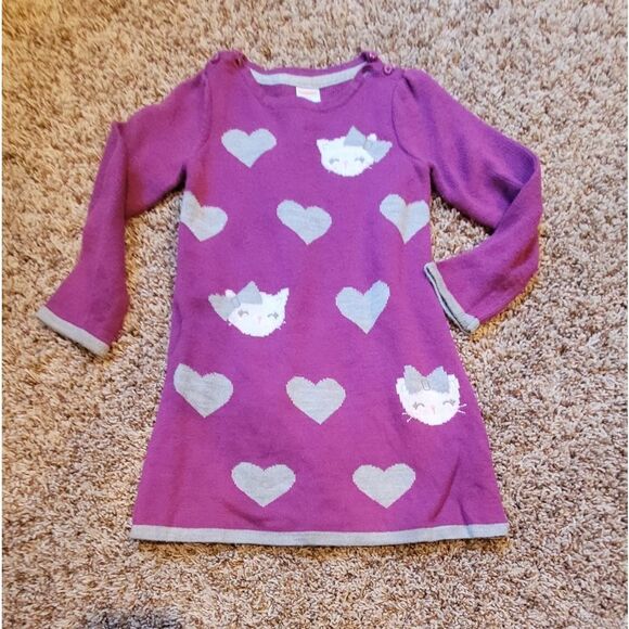 🤸♀️3 for 12🤸♂️ Gymboree 3T Purple Sweater Dress Hearts and Cats Long Sleeve - Picture 1 of 3